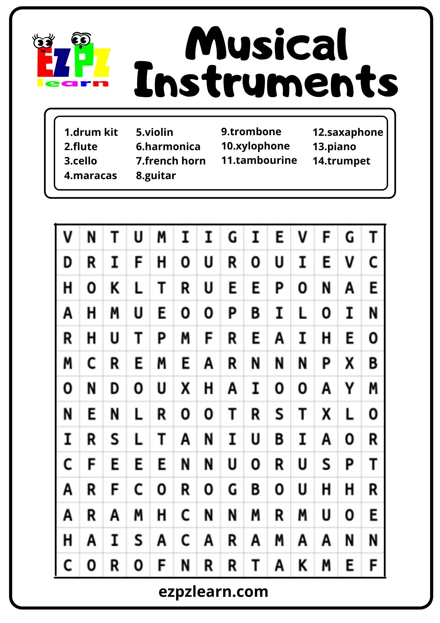 Musical Instruments Word Search Ezpzlearn